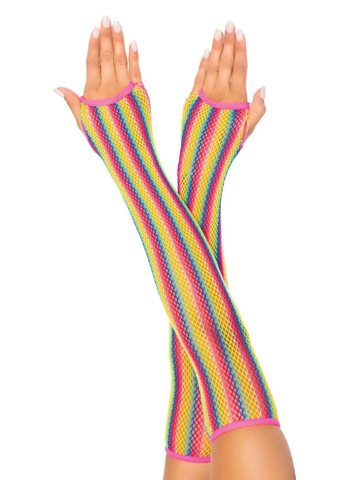 Leg Avenue - Rainbow Net Fingerless Arm Warmer Gloves - One Size - Multicolor - Holiday Items