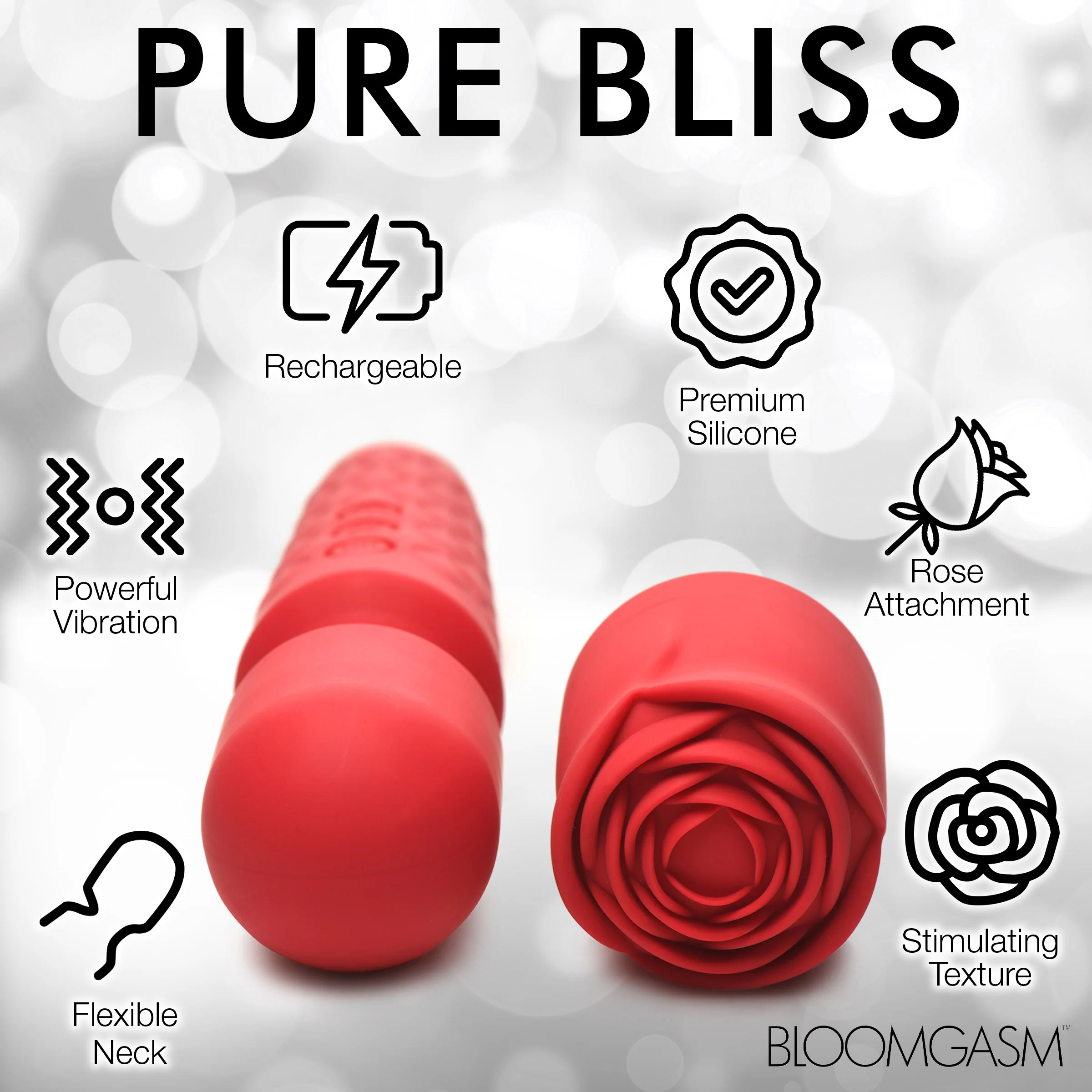 XR Brands - Pleasure Rose 10x Silicone Wand With Rose Attachment - Red - Eco-Friendly