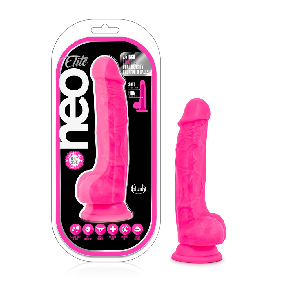 Blush - Neo Elite 7.5 in. Silicone Dual Density Dildo with Balls Neon Pink - Dildos - Silicone