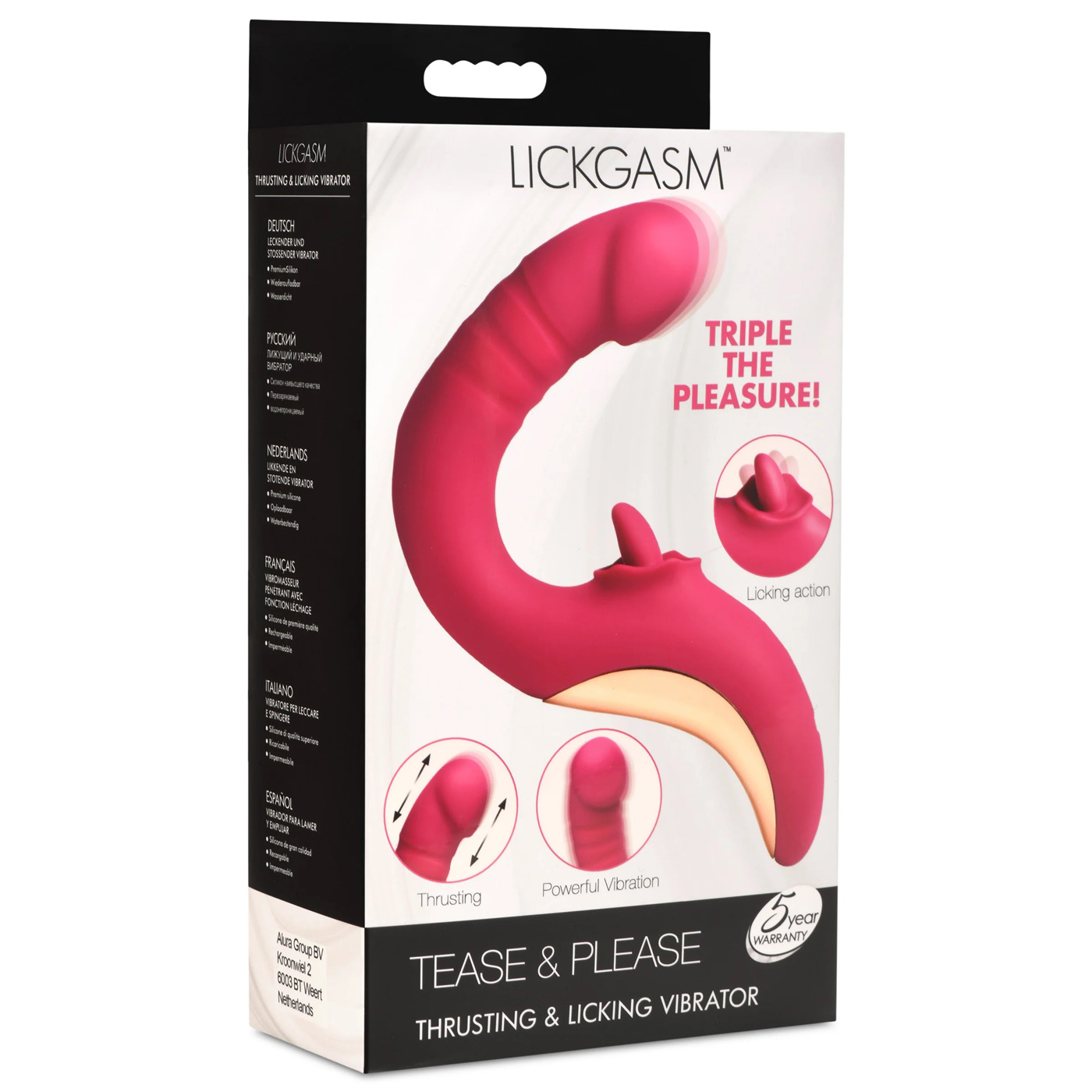XR Brands - Tease and Please Thrusting and Licking Vibrator - Fuchsia - Eco-Friendly