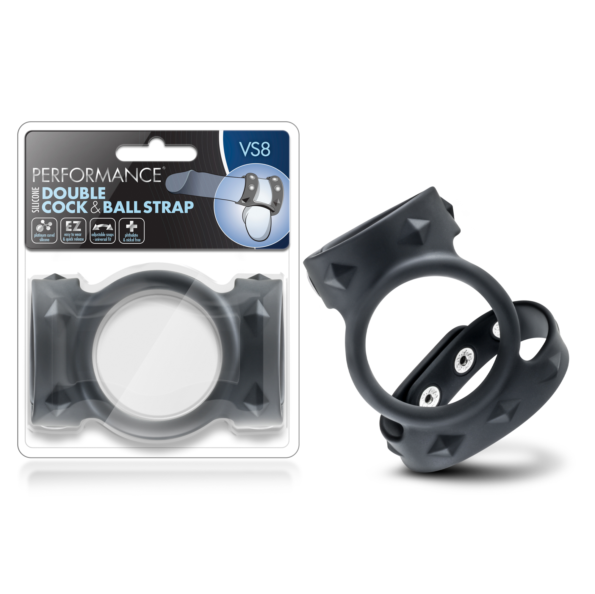 Blush - Performance VS8 Silicone Double Cock & Ball Strap Black - Cockrings - Silicone