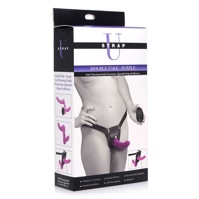 XR Brands - Double Take 10x Vibrating Double Penetration Adjustable Strap-on Purple - Harnesses & Strap-Ons