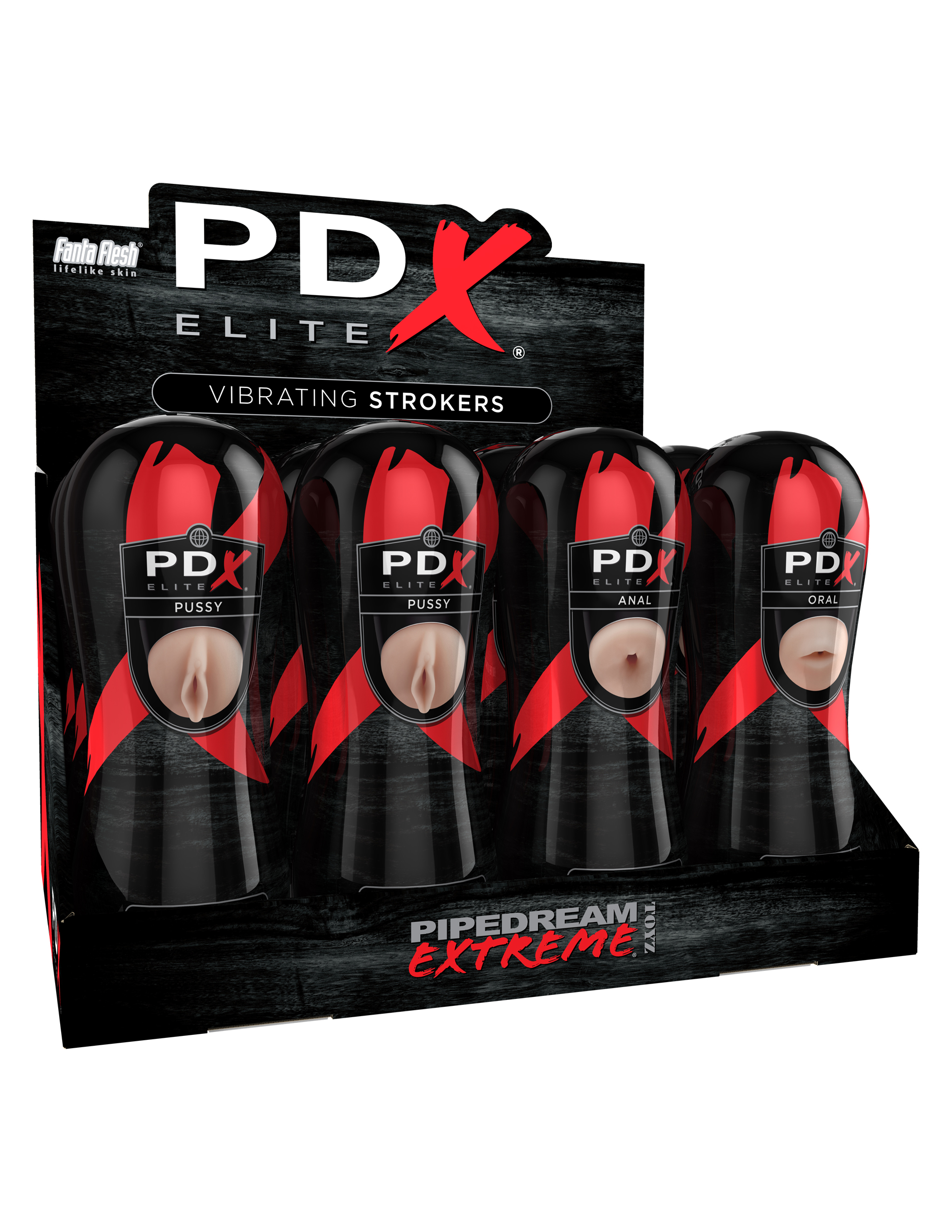 PDX Brands PDX Elite Vibrating Stroker Display 12-Pack (Pussy, Anal & Oral)