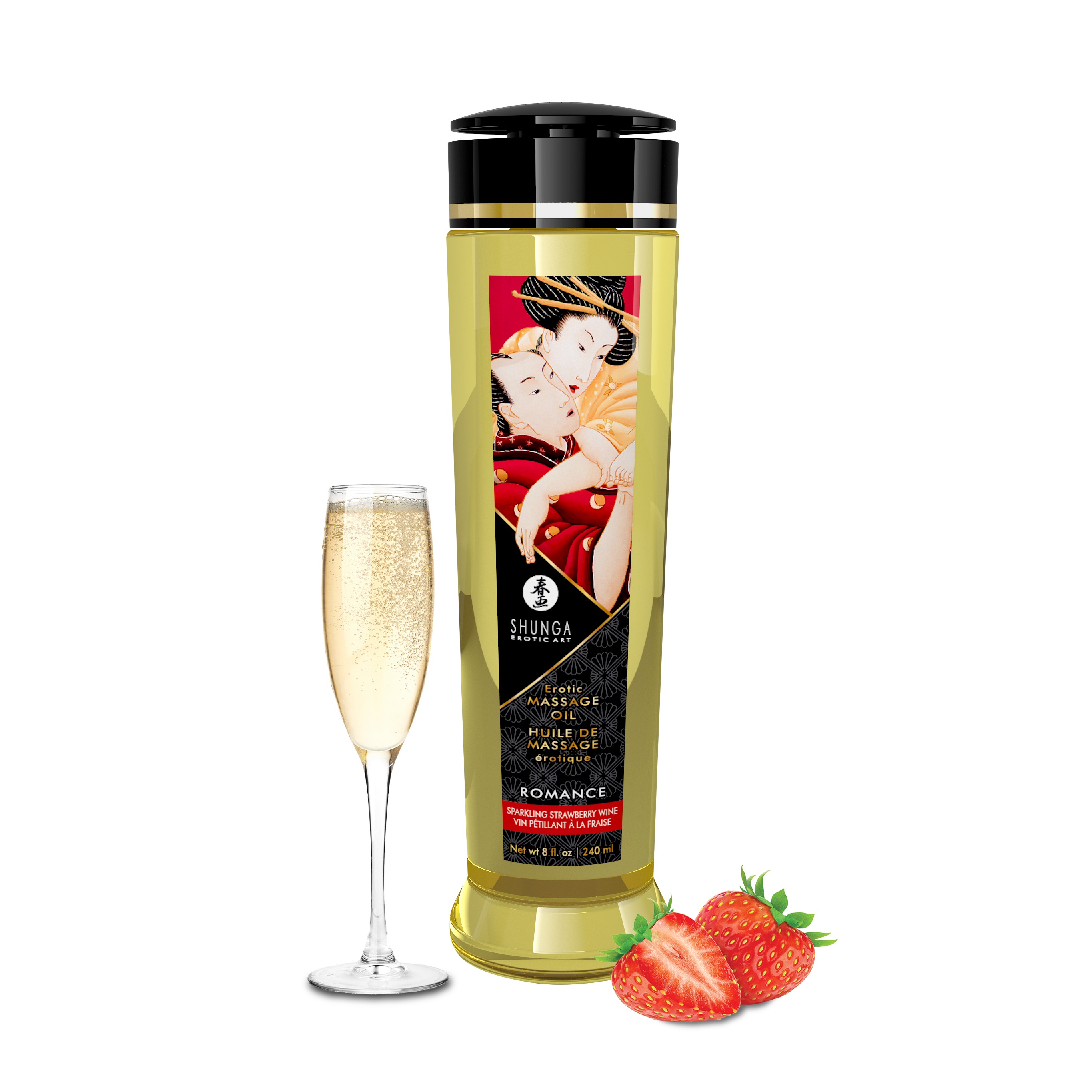 Shunga - Massage Oils - Romance - 8 Fl. Oz. Sparkling Strawberry Wine - Lubricants, Creams & Glides
