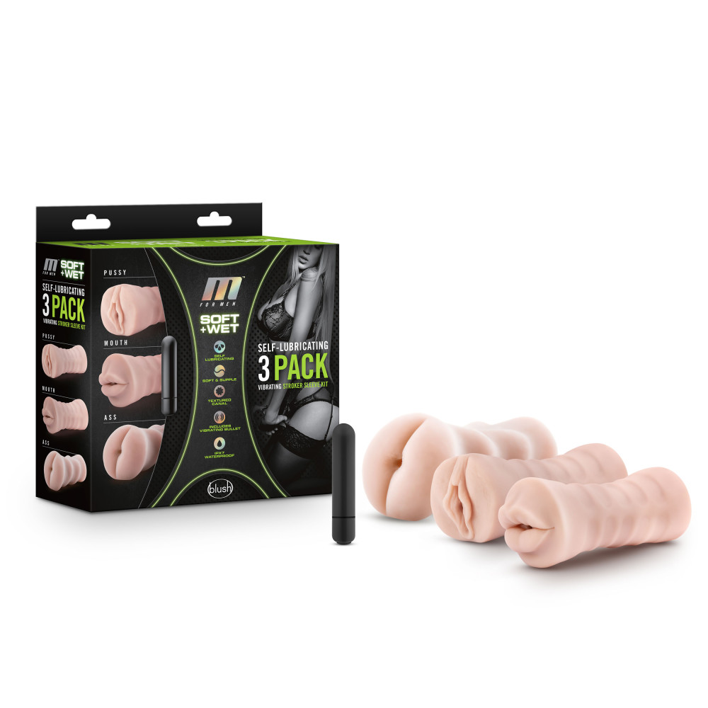 Blush - M for Men - 3-Pack Self-Lubricating Vibrating Stroker Sleeve Kit - Vanilla - Masturbation Aids for Males