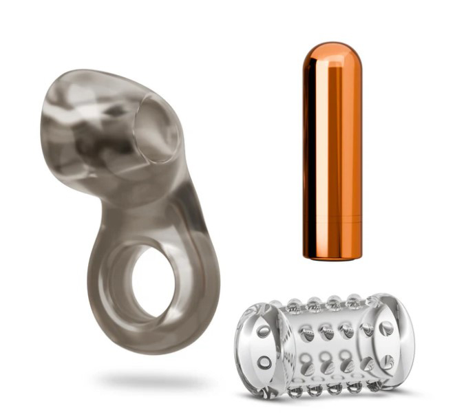 Blush - Stay Hard Vibrating Cock Ring Set With Sleeve Textured Sheath - Cockrings