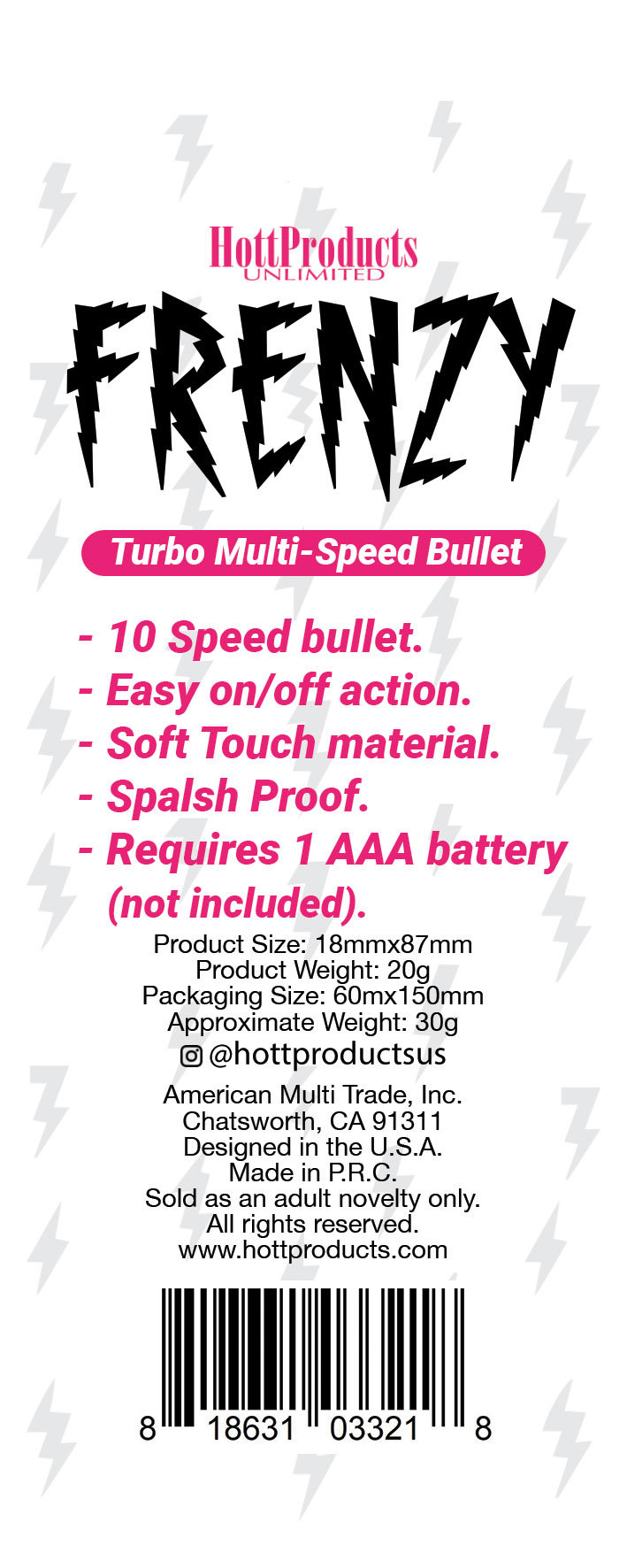 Hott Products - Frenzy - Power Bullet- Pink - 10 Speeds - Vibrators
