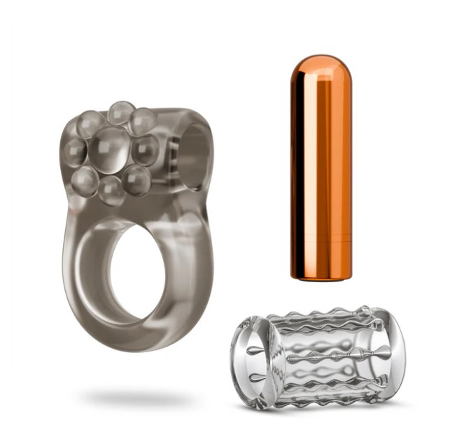 Blush - Stay Hard Vibrating Cock Ring Set With Sleeve Textured Sheath - Cockrings