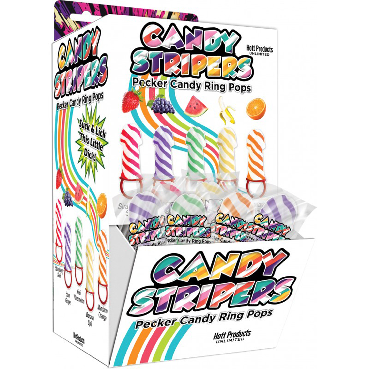 Hott Products - Candy Stripers Pecker Candy Ring Pop 36pc Display - 5 Assorted Flavors - Displays-Bowls & Wall Displays