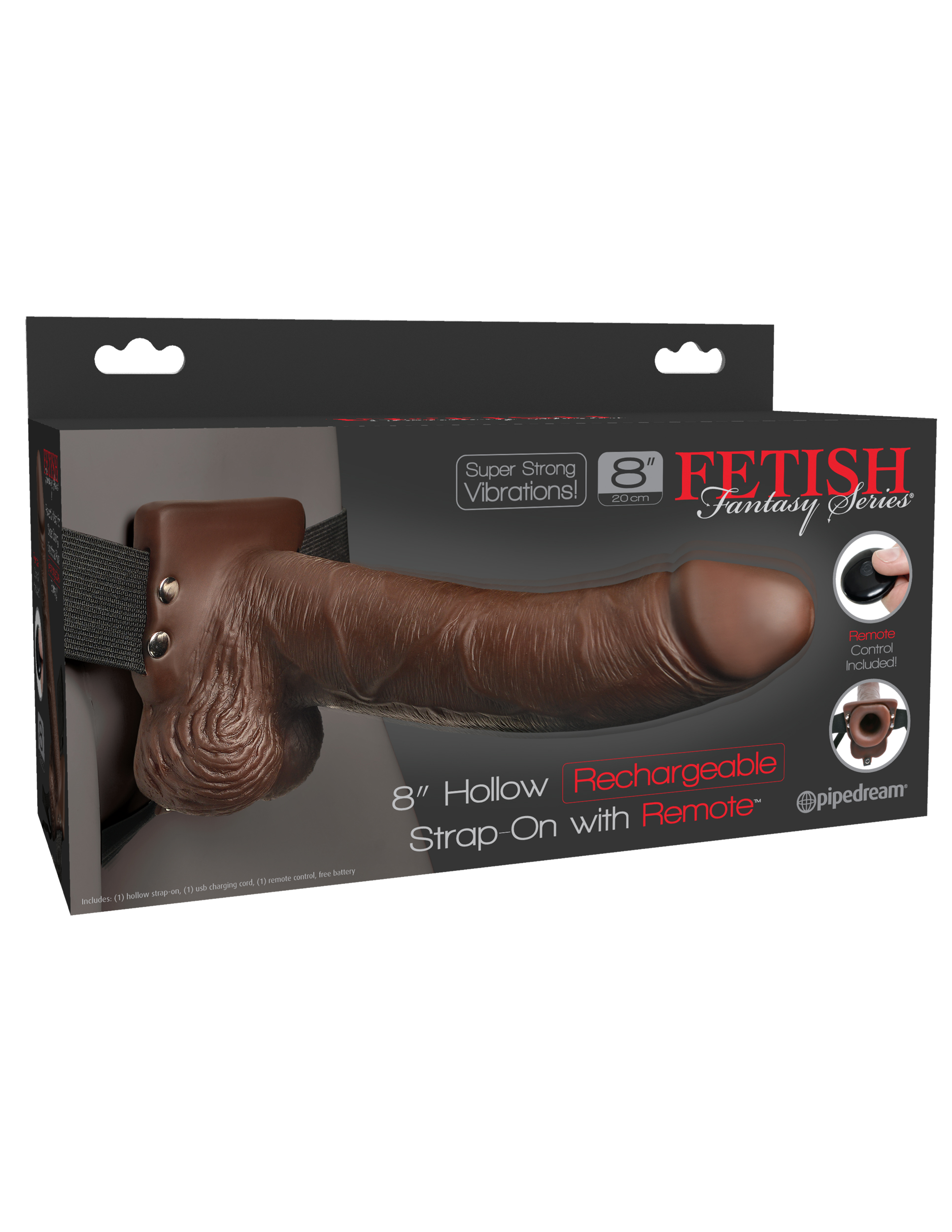 Pipedream - Fetish Fantasy Series 8 Inch Hollow Rechargeable Strap-on With Remote - Brown - Eco-Friendly
