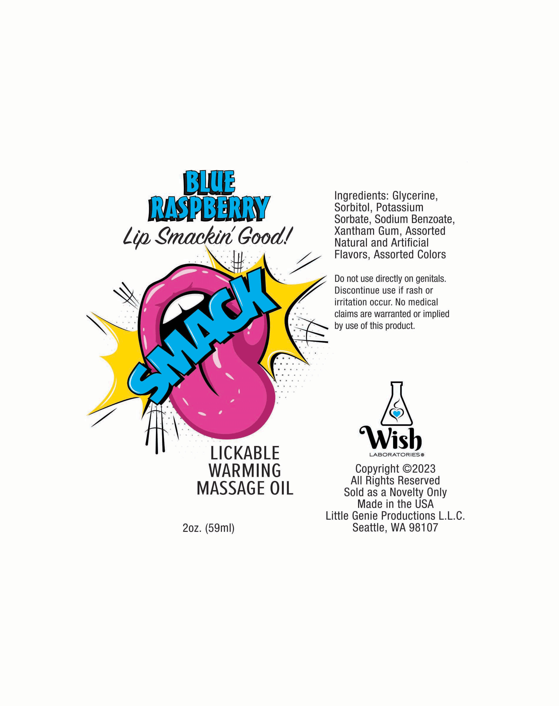 Little Genie - Smack Warming and Lickable Massage Oil - Blue Raspberry 2 Oz - Lubricants, Creams & Glides - Liquid