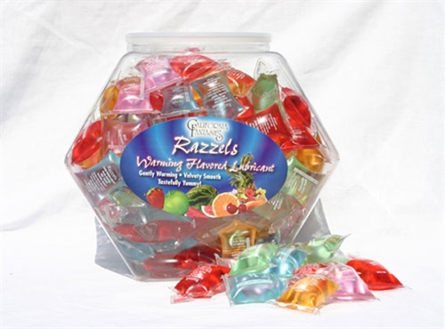 California Fantasies - Razzels Warming Lubricant - 100 Pillow Fishbowl - Assorted Flavors - Displays-Bowls & Wall Displays