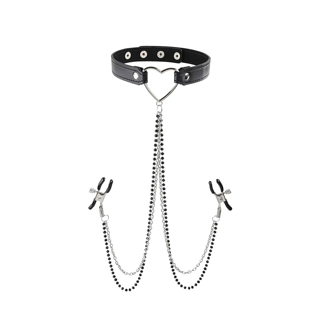 Sportsheets - Sportsheets Sex & Mischief Amor Adjustable Collar with Nipple Clamps Black - Bondage & Fetish Toys - Polyurethane