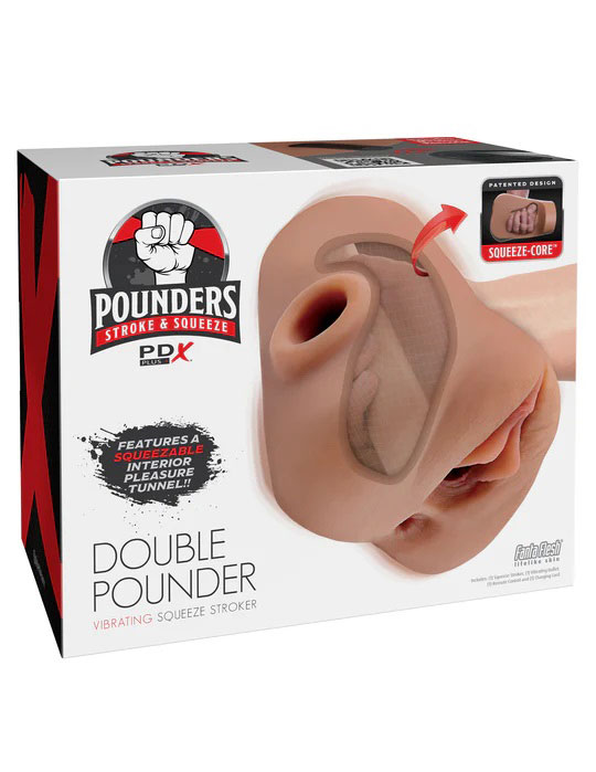 PDX Brands - PDX Plus Double Pounder Vibrating Squeeze Stroker Brown - Masturbation Aids for Males
