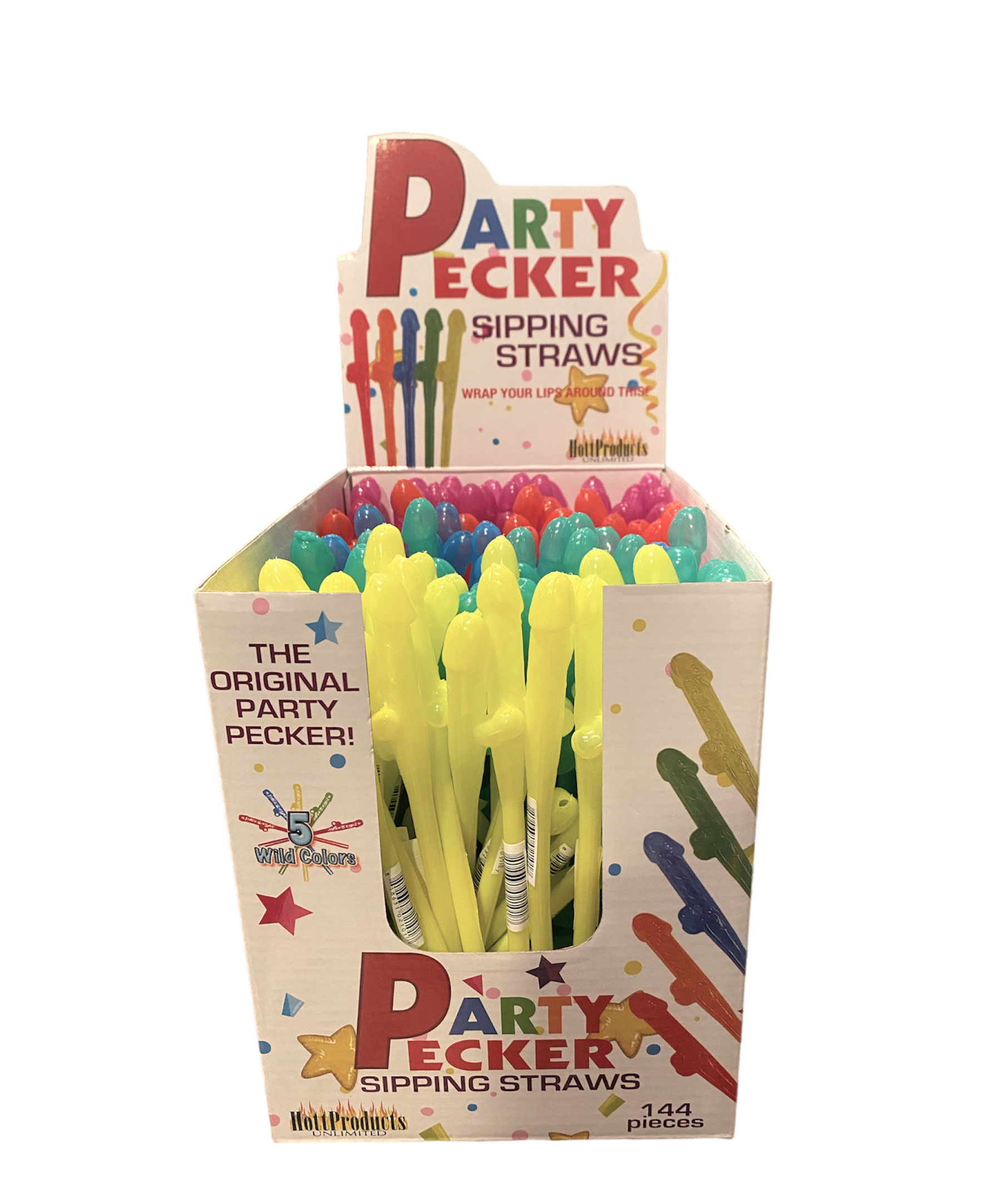 Hott Products - Party Pecker Sipping Straws 5 Assorted Colors 144 Pcs Display - Bachelor & Bachelorette Items