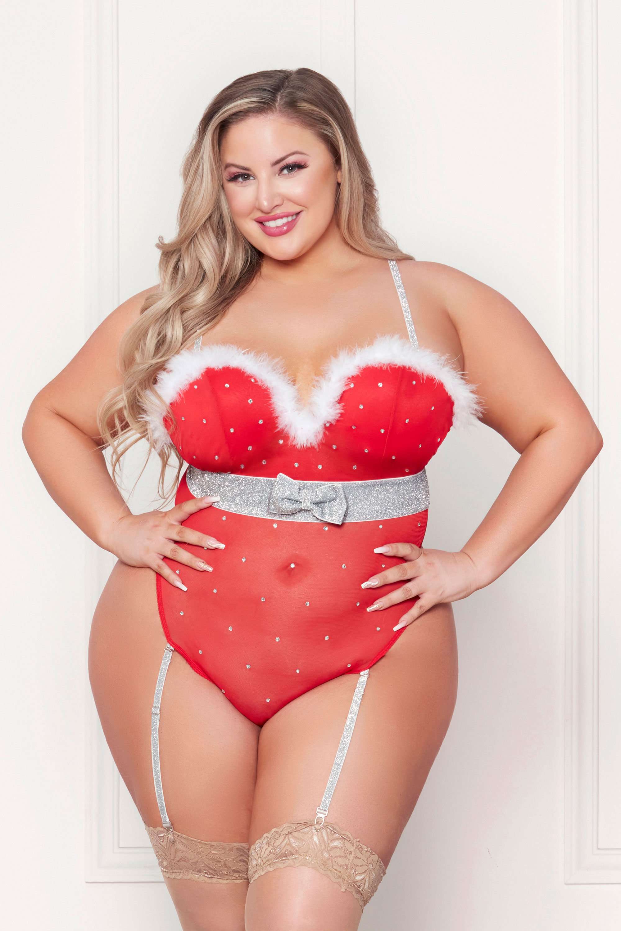Seven Til Midnight - Rhinestone Studded Mesh Teddy With Marabou Trim - 3x/4x - Red - Holiday Items