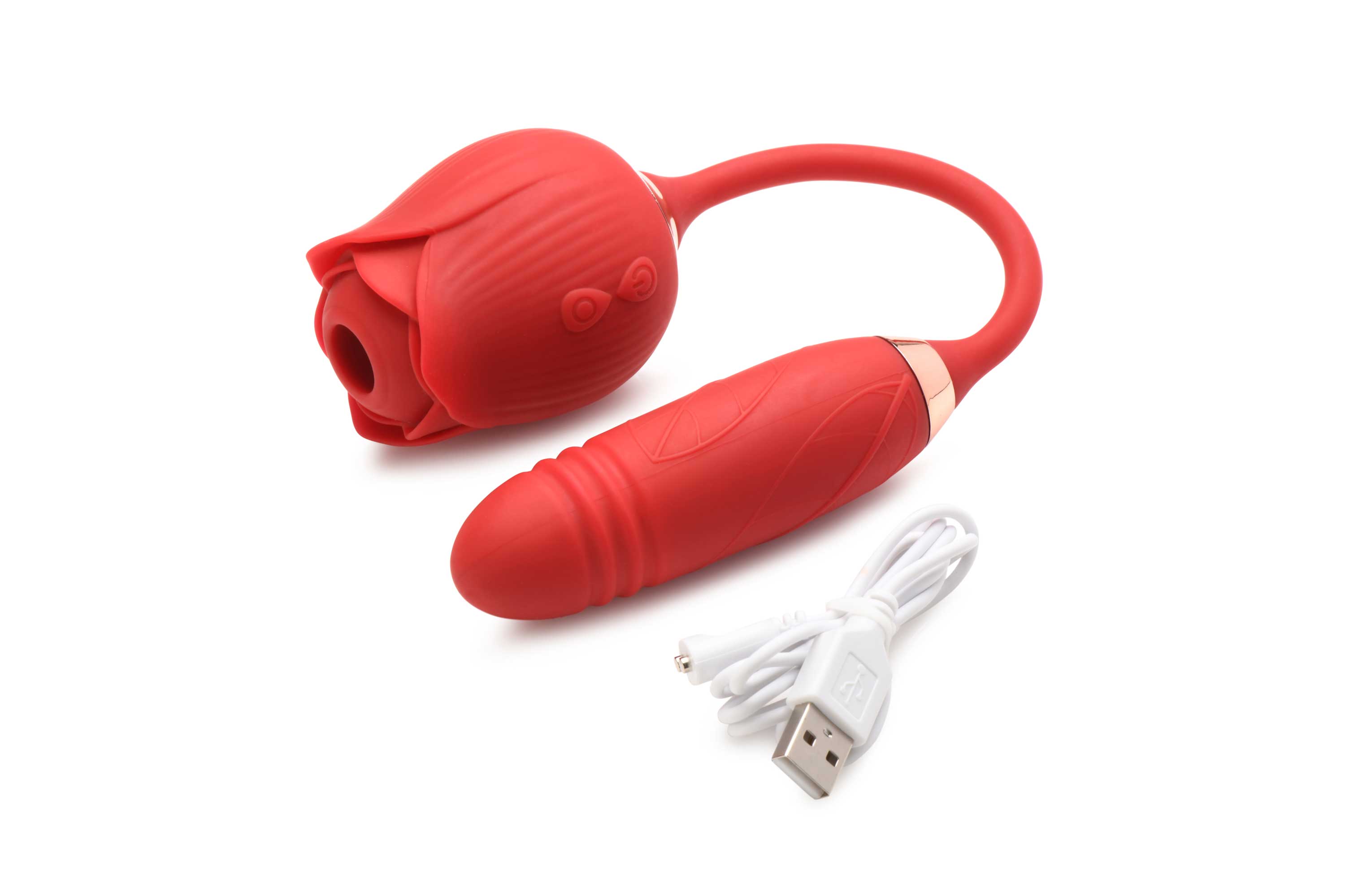 XR Brands - Bloomgasm Romping Rose Suction and Thrusting Vibrator - Red - Vibrators