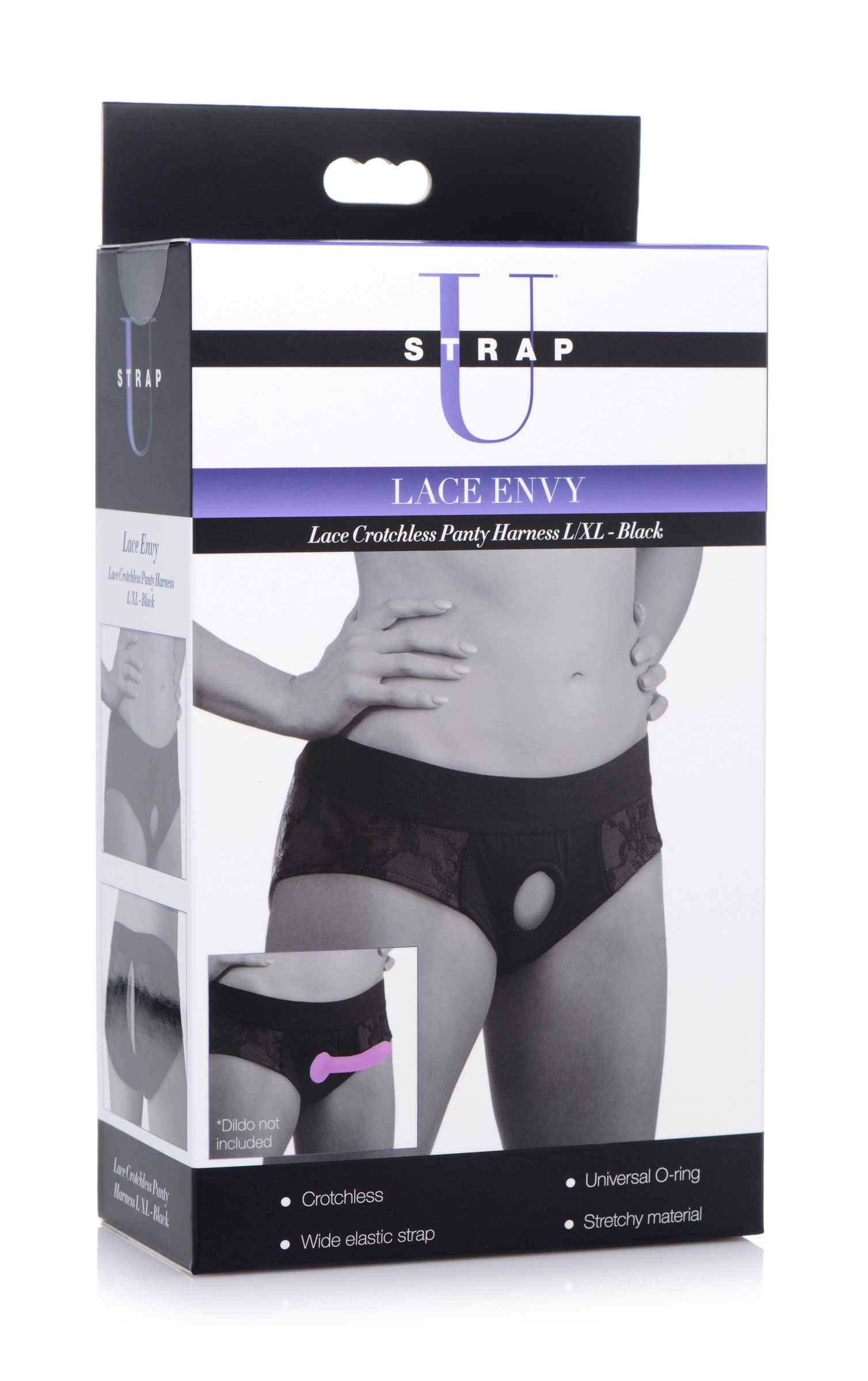 XR Brands - Lace Envy Black Crotchless Panty Harness - L/xl - Harnesses & Strap-Ons