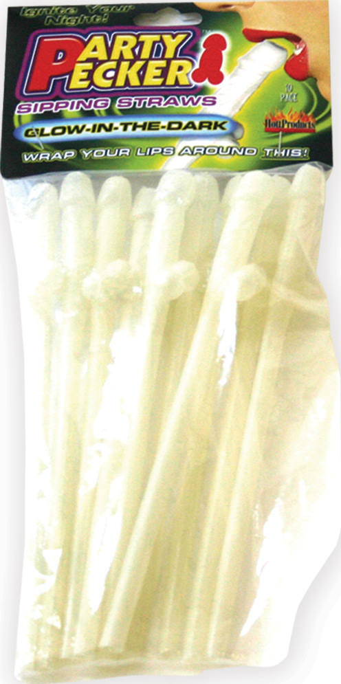 Hott Products - Party Pecker Sipping Straws 10 Pc Bag - Glow in the Dark - Bachelor & Bachelorette Items