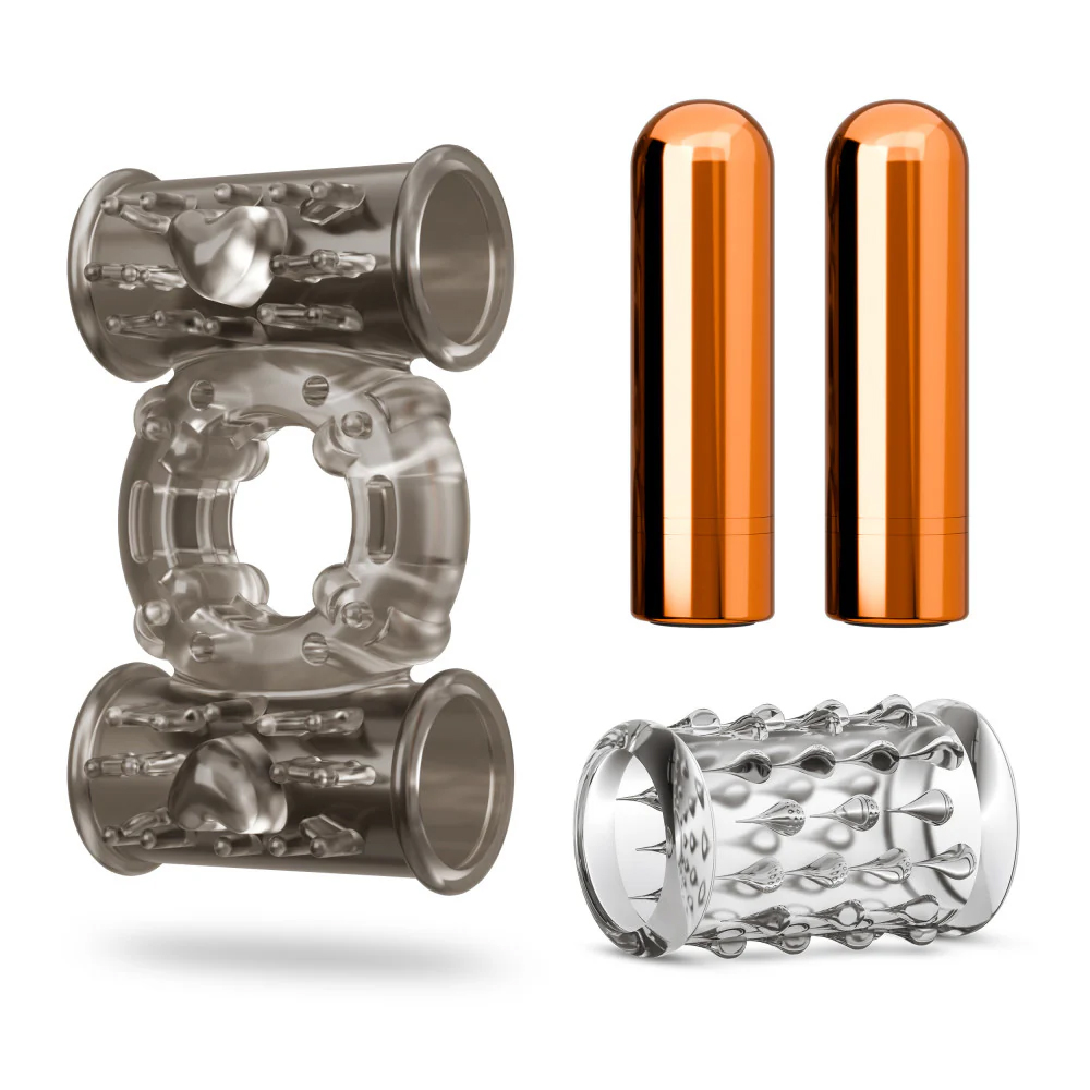 Blush - Stay Hard Vibrating Cock Ring Set With Dual Bullets Textured Sheath - Cockrings