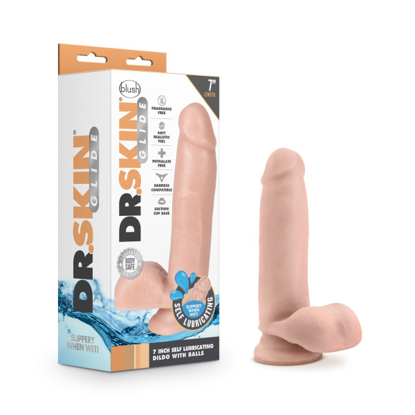Blush - Dr. Skin Glide - 7 Inch Self Lubricating Dildo With Balls - Vanilla - Dildos