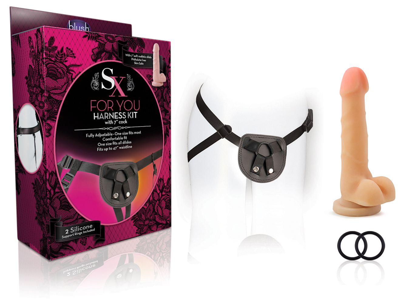 Blush - For You Harness Kit With 7 Inch Cock (Beige) Black Harness - Dildos