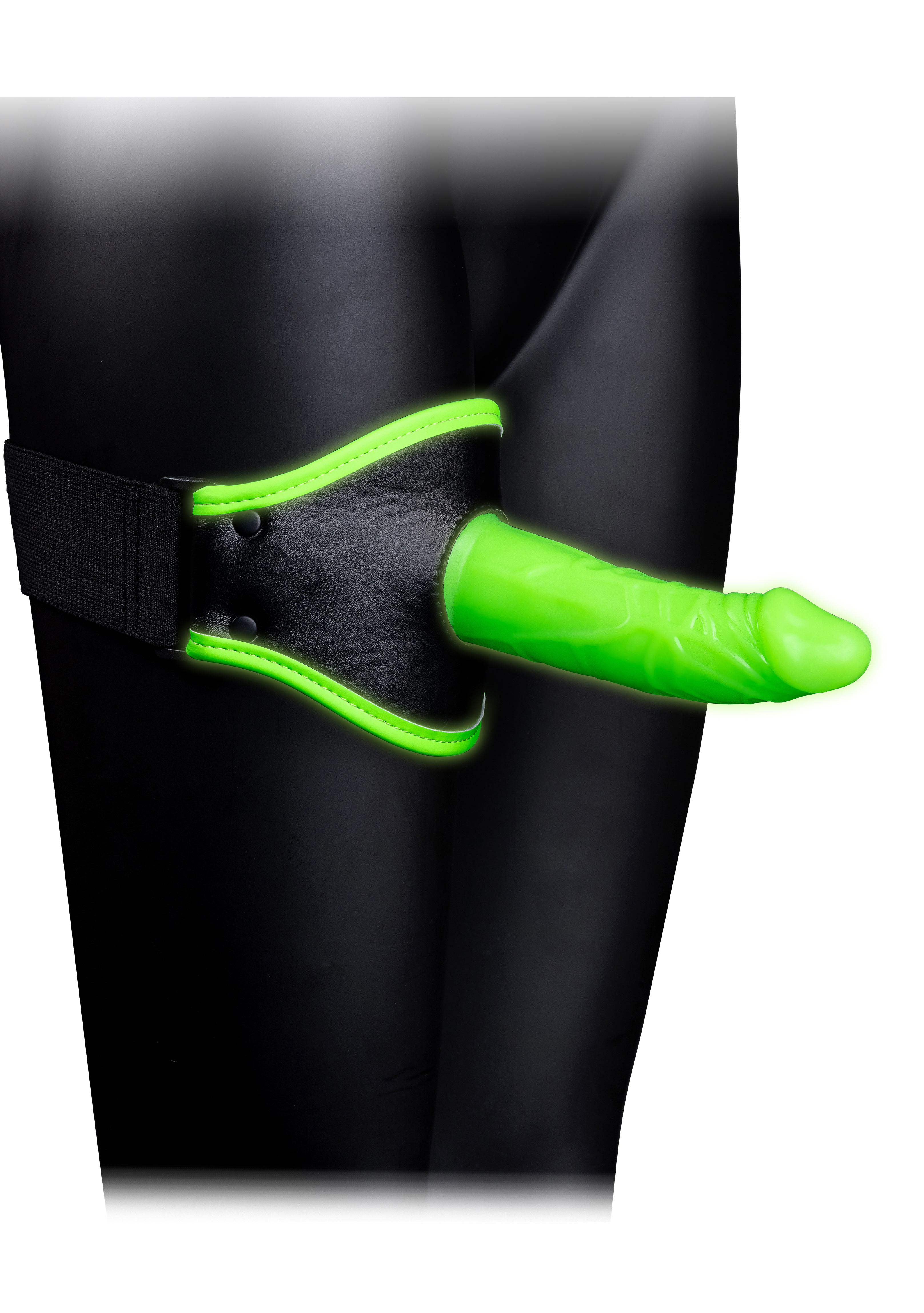 Shots - Ouch! Glow in the Dark Thigh Strap-On Harness With 5 in. Silicone Dildo Neon Green - Harnesses & Strap-Ons - Faux Leather/Vegan Leather