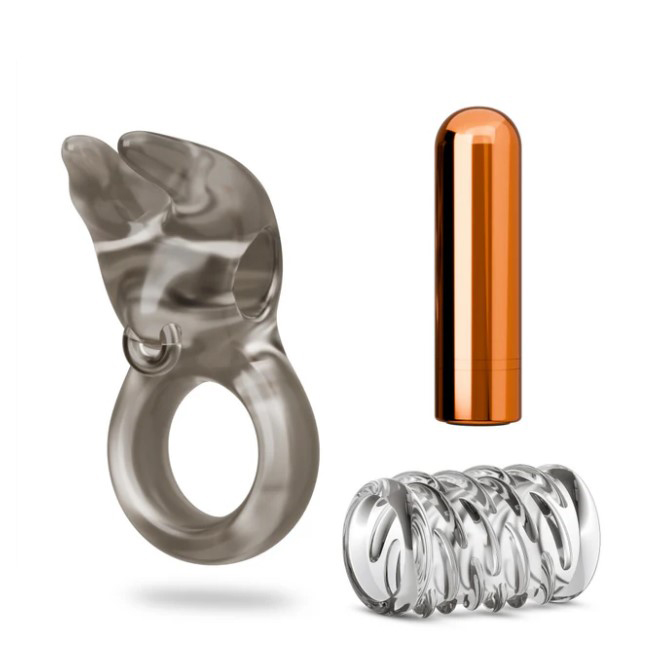 Blush - Stay Hard Vibrating Cock Ring Set With Sleeve Textured Sheath - Cockrings