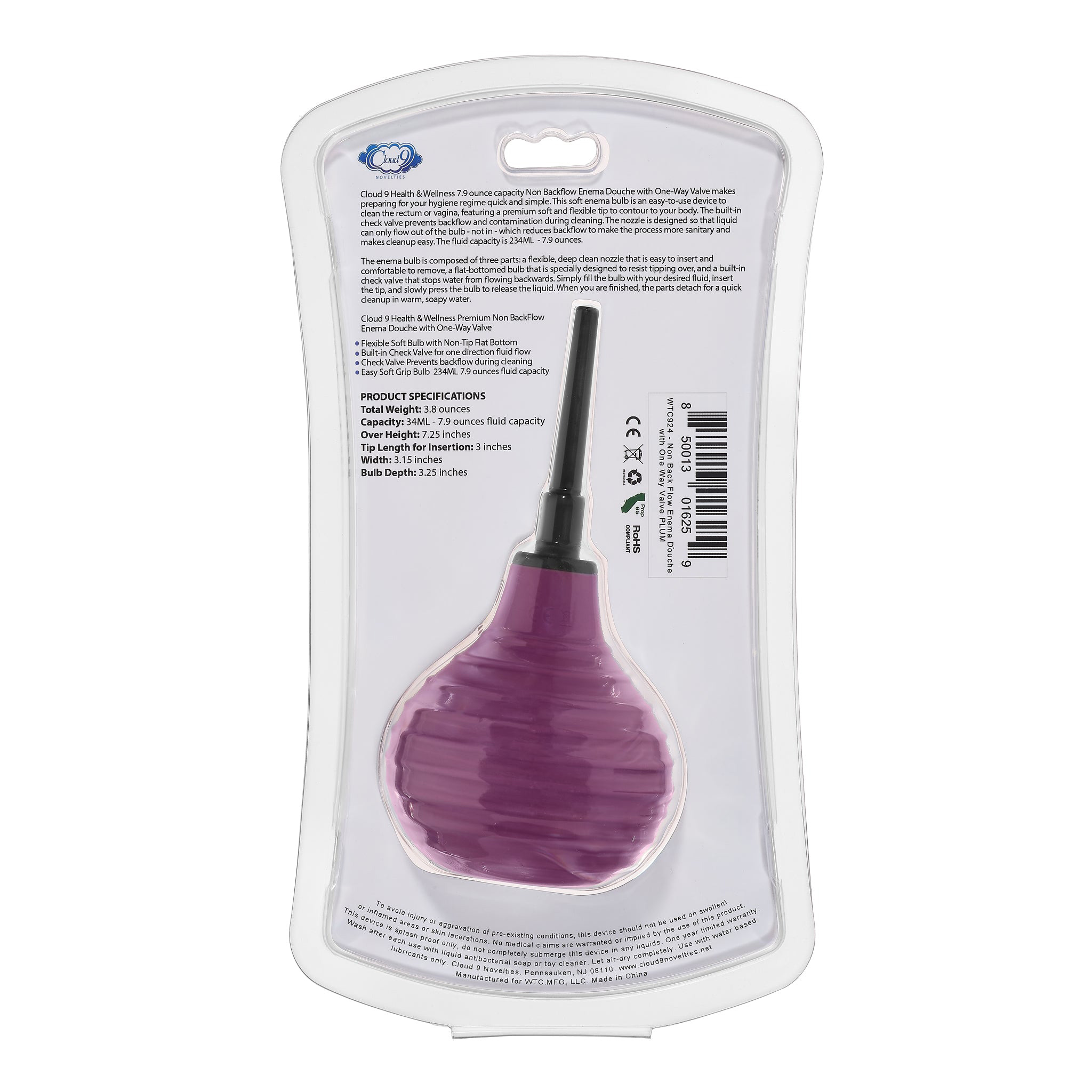Cloud 9 Novelties - Health and Wellness Deluxe Enema Douche Non- Backflow One-Way Valve - 7.9 Fl. Oz. - Plum - Anal Toys & Stimulators