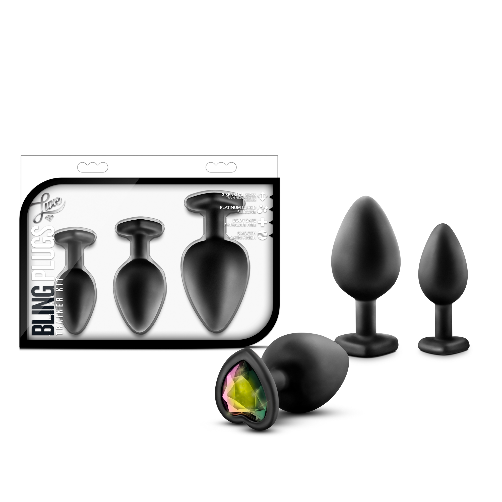 Blush - Luxe 3-Piece Bling Plug Training Kit with Rainbow Gem Base Black - Anal Toys & Stimulators - Silicone