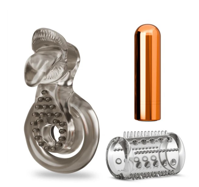Blush - Stay Hard Vibrating Cock Ring Set With Sleeve Textured Sheath - Cockrings