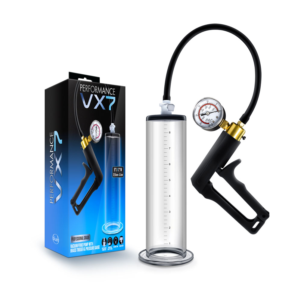 Blush - Performance - Vx7 Vacuum Penis Pump With Brass Trigger & Pressure Gauge - Clear - Pumps & Enlargers