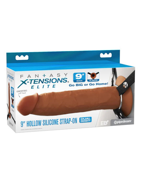 Pipedream Fantasy X-Tensions Elite Silicone Hollow Strap-On Dual Density 9in Brown