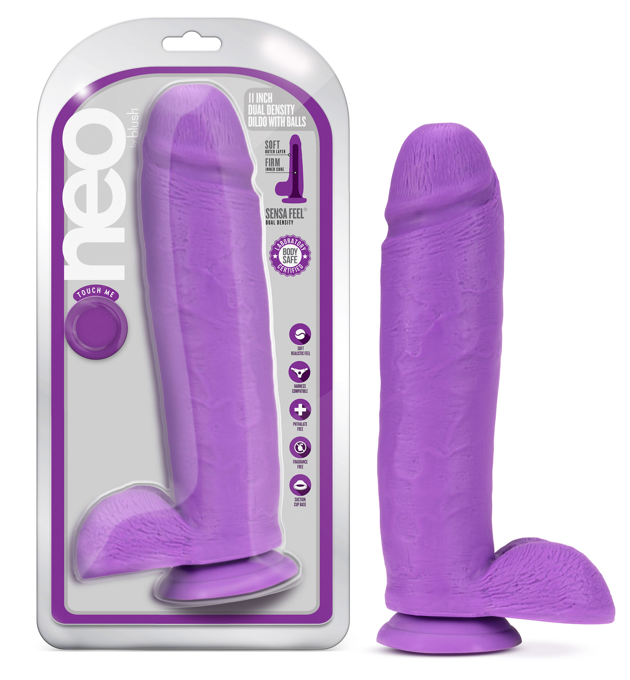 Blush - Neo 11 in. Dual Density Dildo with Balls Neon Purple - Dildos - PVC