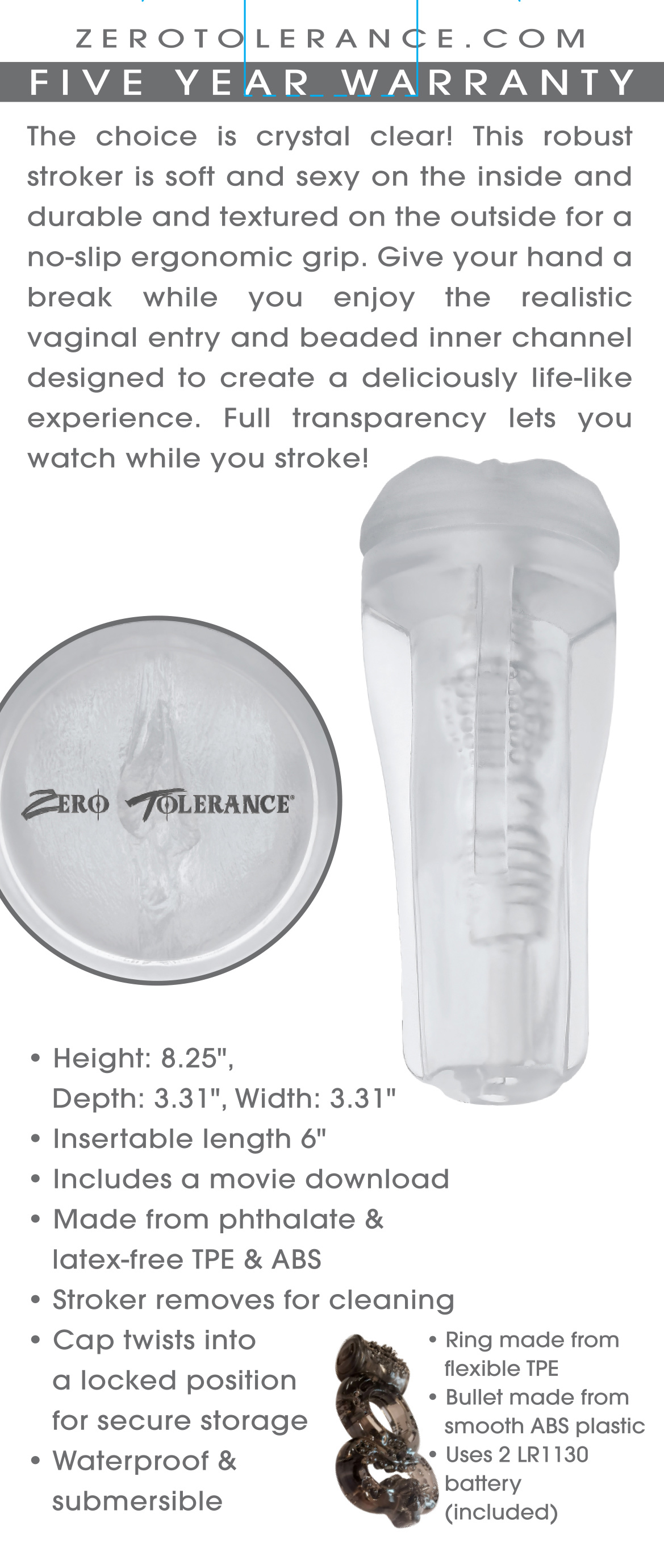 Zero Tolerance - Zero Tolerance The Clear Choice Stroker TPE Clear - Masturbation Aids for Males - TPE/TPR/Elastomers