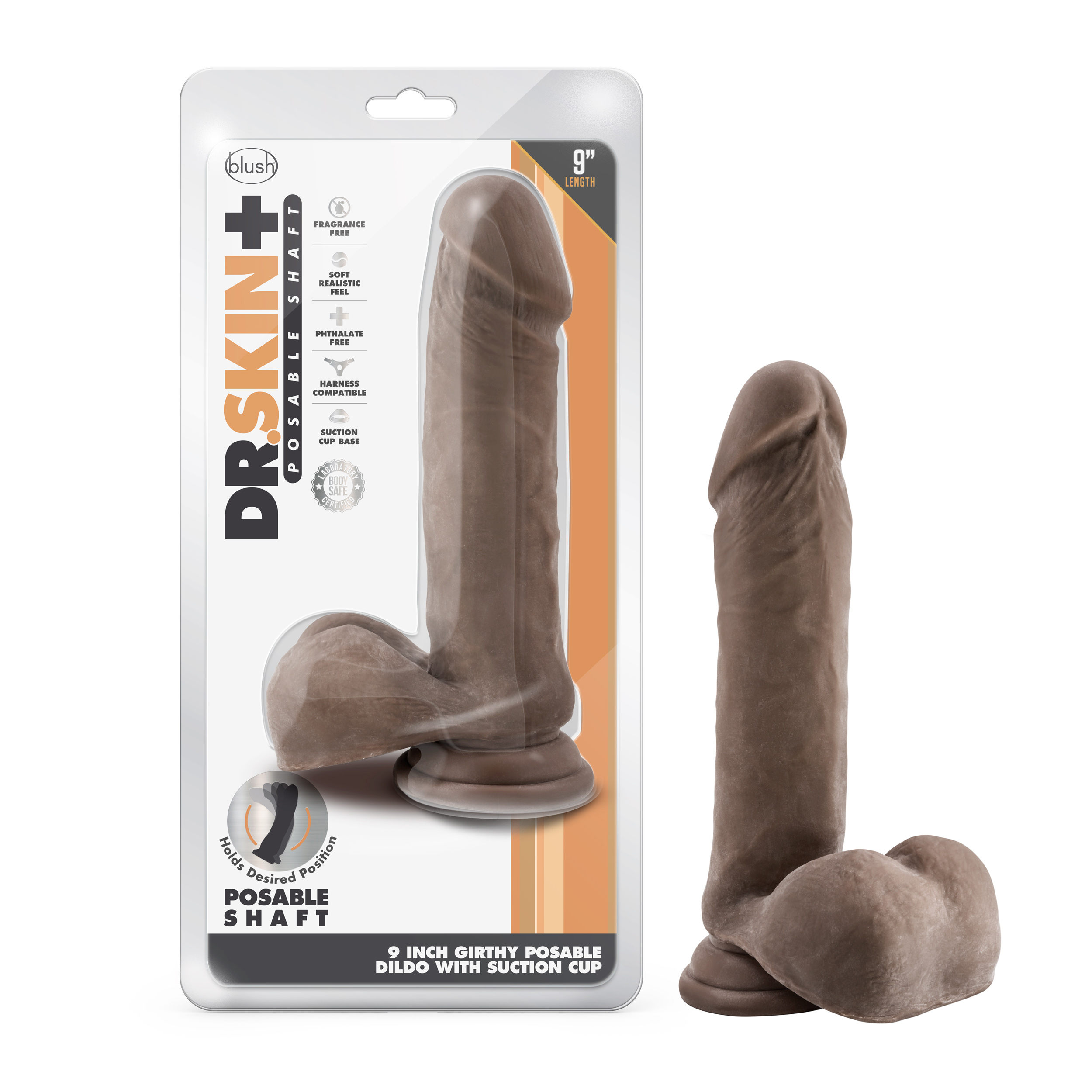 Blush - Dr. Skin Plus Thick 9 in. Triple Density Posable Dildo with Balls Brown - Dildos - TPE/TPR/Elastomers