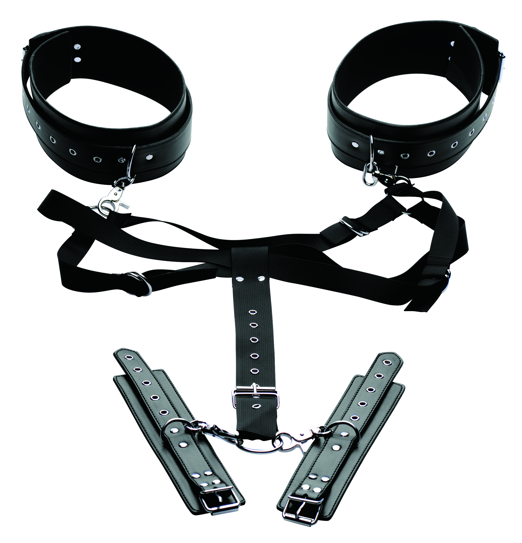 XR Brands - Master Series Acquire Easy Access Thigh Harness with Wrist Cuffs - Bondage & Fetish Toys - Polyurethane