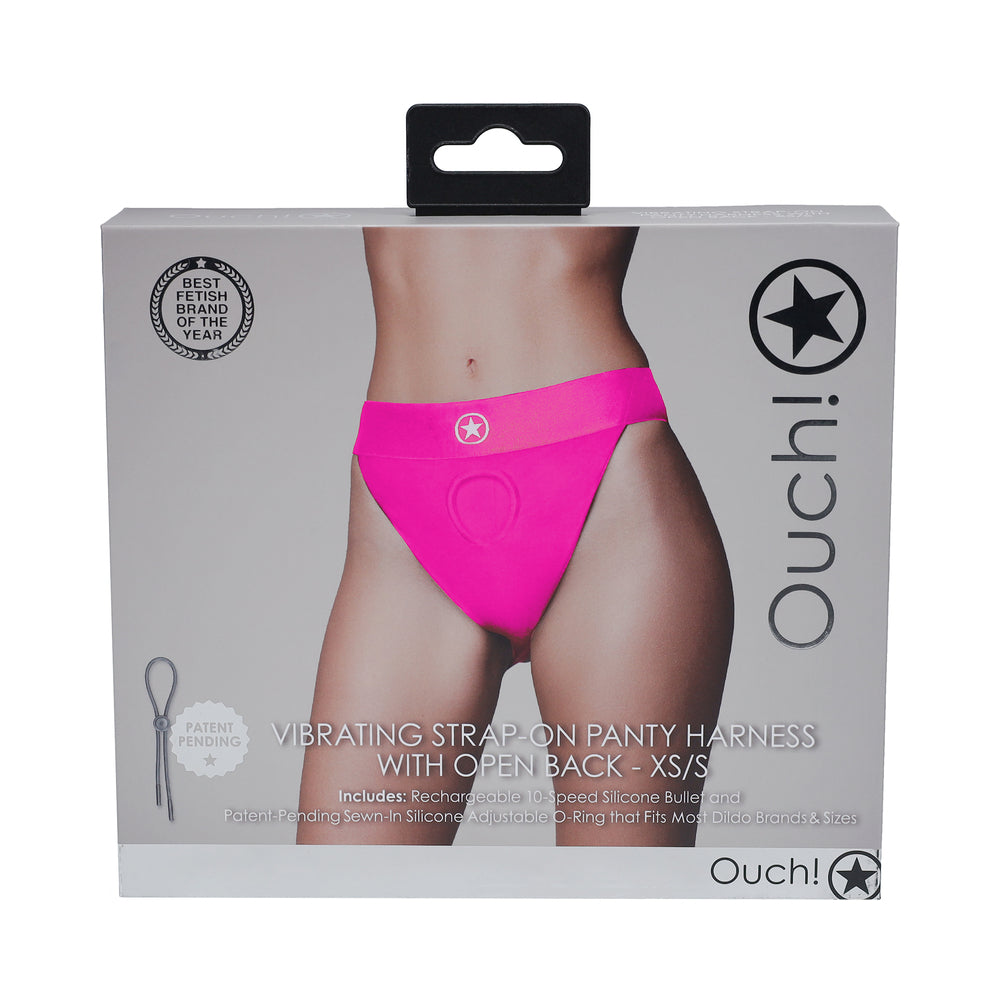 Shots - Ouch! Vibrating Strap-on Panty Harness with Open Pink Black XS/S - Harnesses & Strap-Ons - Nylon