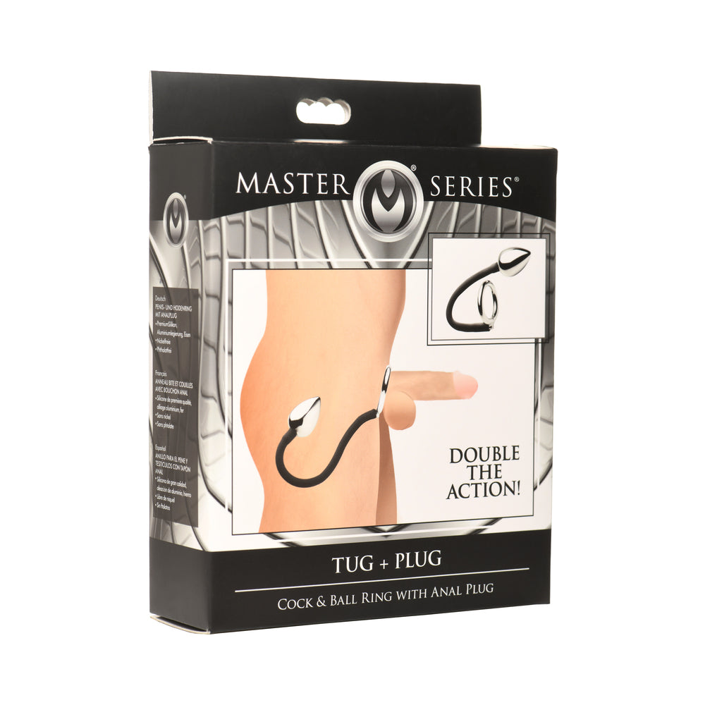 XR Brands - Master Series Tug + Plug Cock & Ball Ring with Anal Plug - Anal Toys & Stimulators - Metal