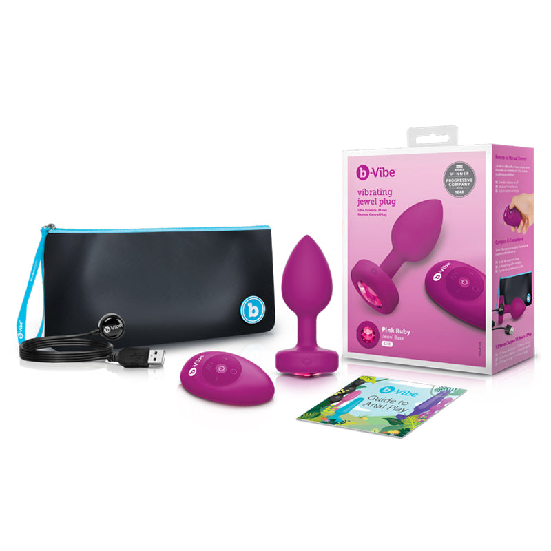 b-Vibe - b-Vibe Vibrating Jewel Rechargeable Remote-Controlled Anal Plug with Gem Base Pink Ruby Small/Medium - Vibrators - Silicone