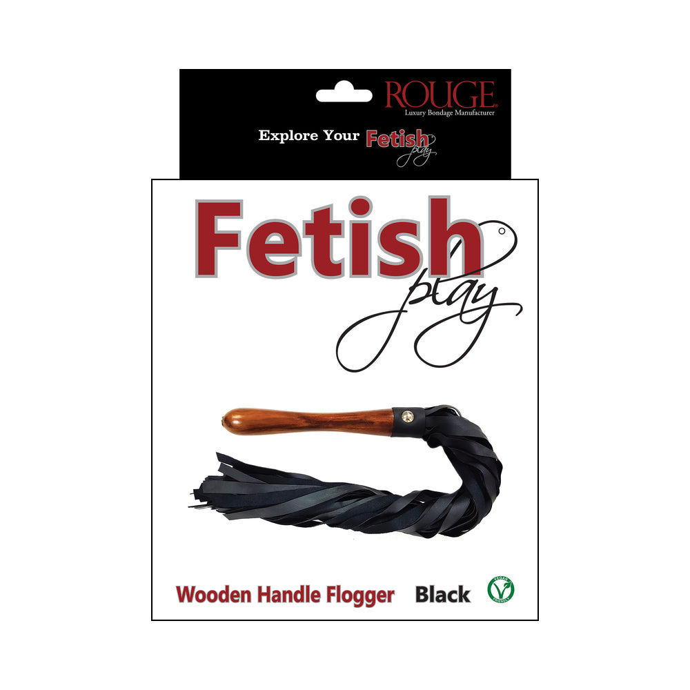 Rouge Garments - Rouge Fetish Play Vegan Wooden Handle Flogger Black - Bondage & Fetish Toys - Faux Leather/Vegan Leather