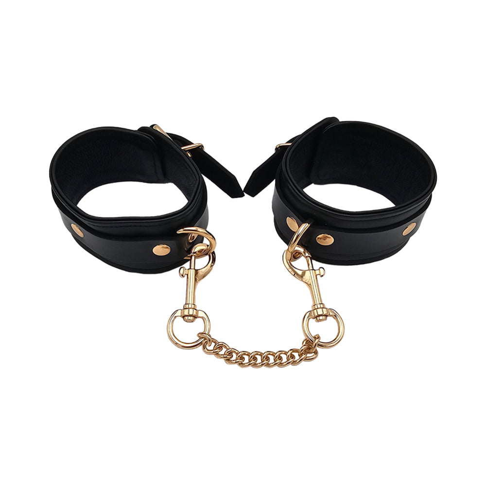 Rouge Garments - Rouge Leather Plain Wrist Cuffs Black with Gold Accessories - Bondage & Fetish Toys - Leather