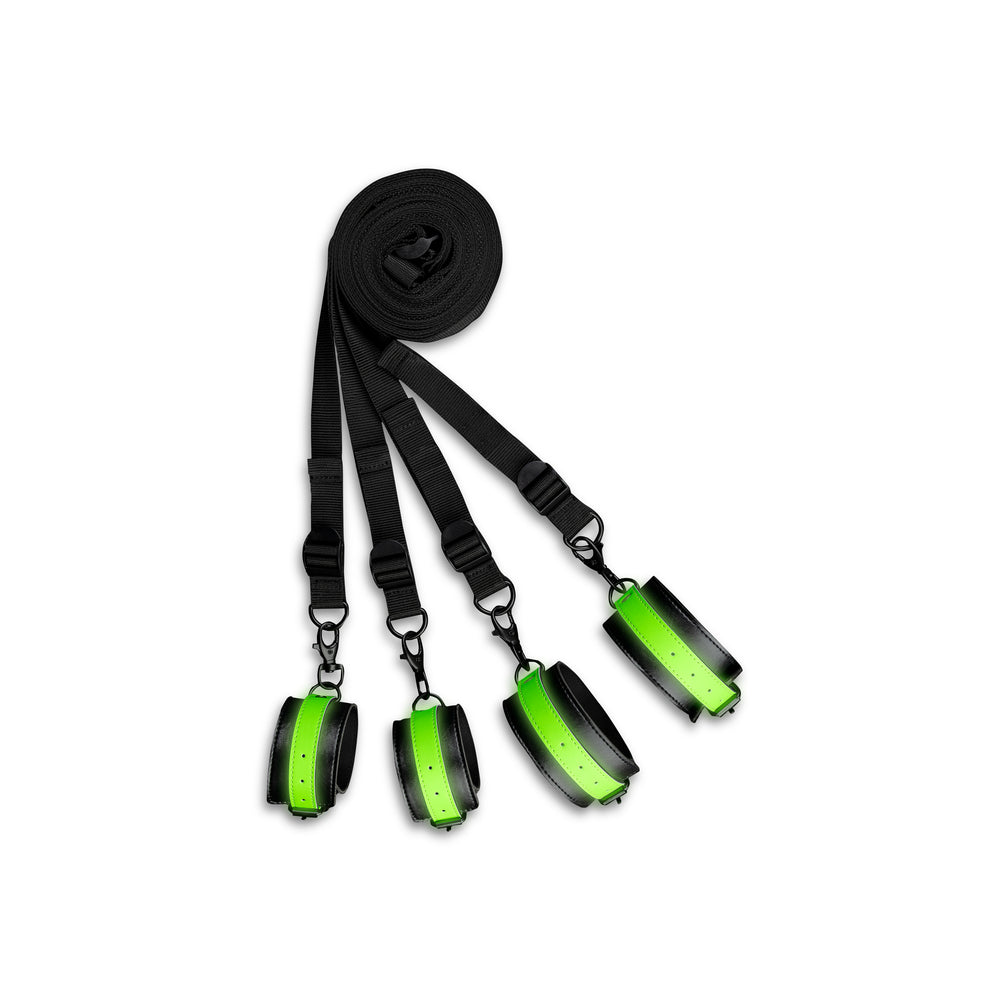 Shots - Ouch! Glow in the Dark Bed Bindings Restraint Kit Neon Green - Bondage & Fetish Toys - Polypropylene