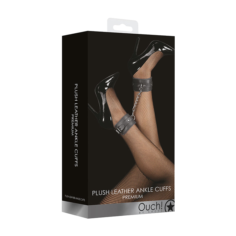 Shots - Ouch! Premium Plush Leather Adjustable Ankle Cuffs Black - Bondage & Fetish Toys - Leather