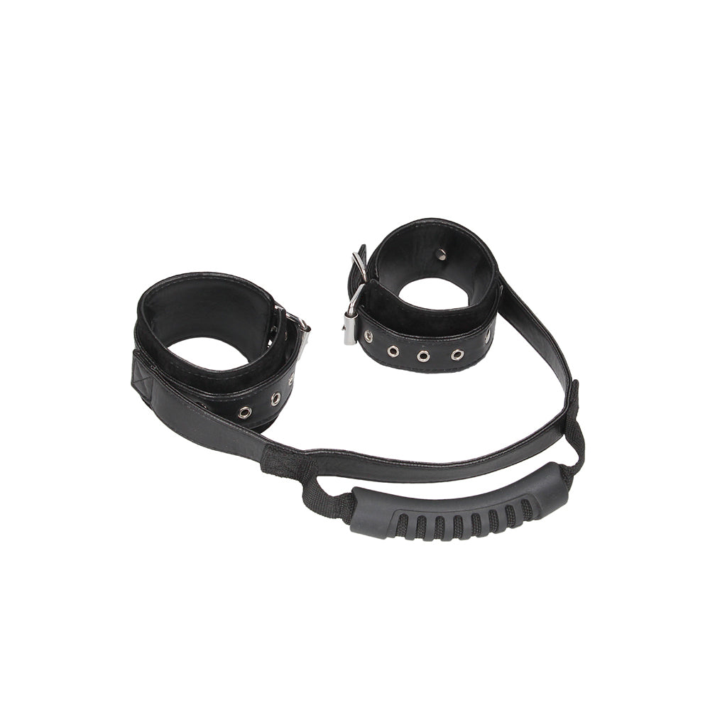Shots - Ouch! Black & White Adjustable Bonded Leather Wrist Cuffs With Handle Black - Bondage & Fetish Toys - Leather