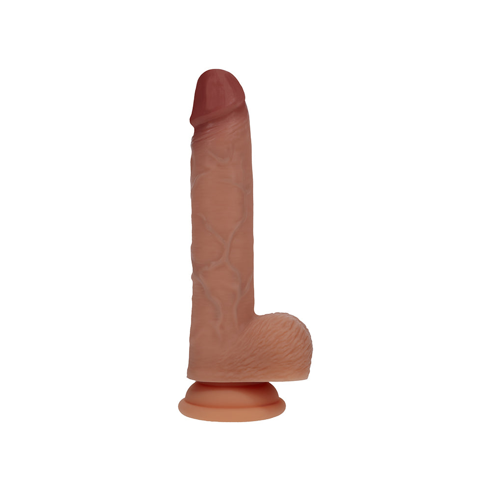 Shots - Realrock Dual Density Silicone Vibrating Thrusting Dildo with Balls 7 in. Tan - Dildos