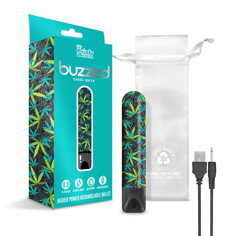Global Novelties - Prints Charming Buzzed Rechargeable 3.5" Bullet - Canna Queen - Black - Vibrators - ABS
