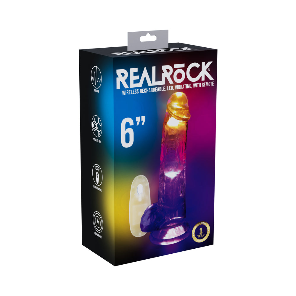 Shots - RealRock Wireless Rechargeable Remote Control LED Vibrating 6 in. Dildo with Balls Clear - Dildos - TPE/TPR/Elastomers