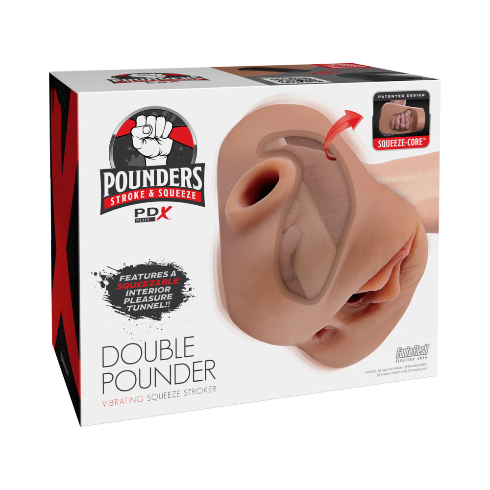 PDX Brands - PDX Plus Double Pounder Vibrating Squeeze Stroker Brown - Masturbation Aids for Males