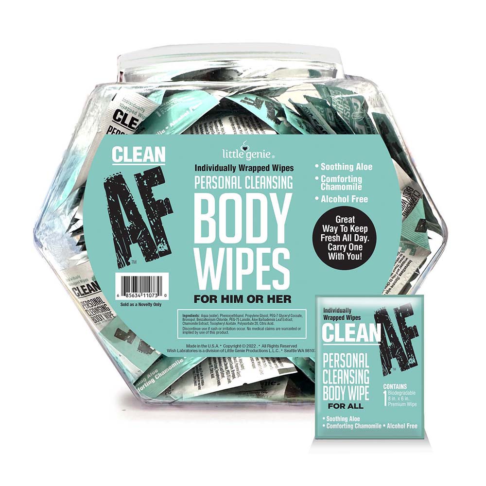 Little Genie - Clean AF Individually Wrapped Personal Cleaning Body Wipes 96-Piece Fishbowl Display - Sexual Wellness